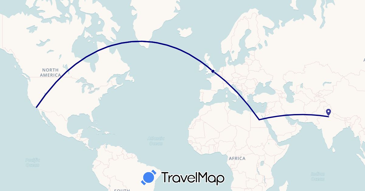 TravelMap itinerary: driving in Egypt, United Kingdom, India, United States (Africa, Asia, Europe, North America)